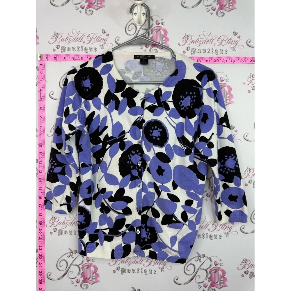 August silk Floral Button-Up Cardigan in Lavender, blue Black & White